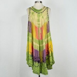 Boho Festival Hippie Psychedelic Tie Dye Dress Sz Medium Rainbow Asymmetrical